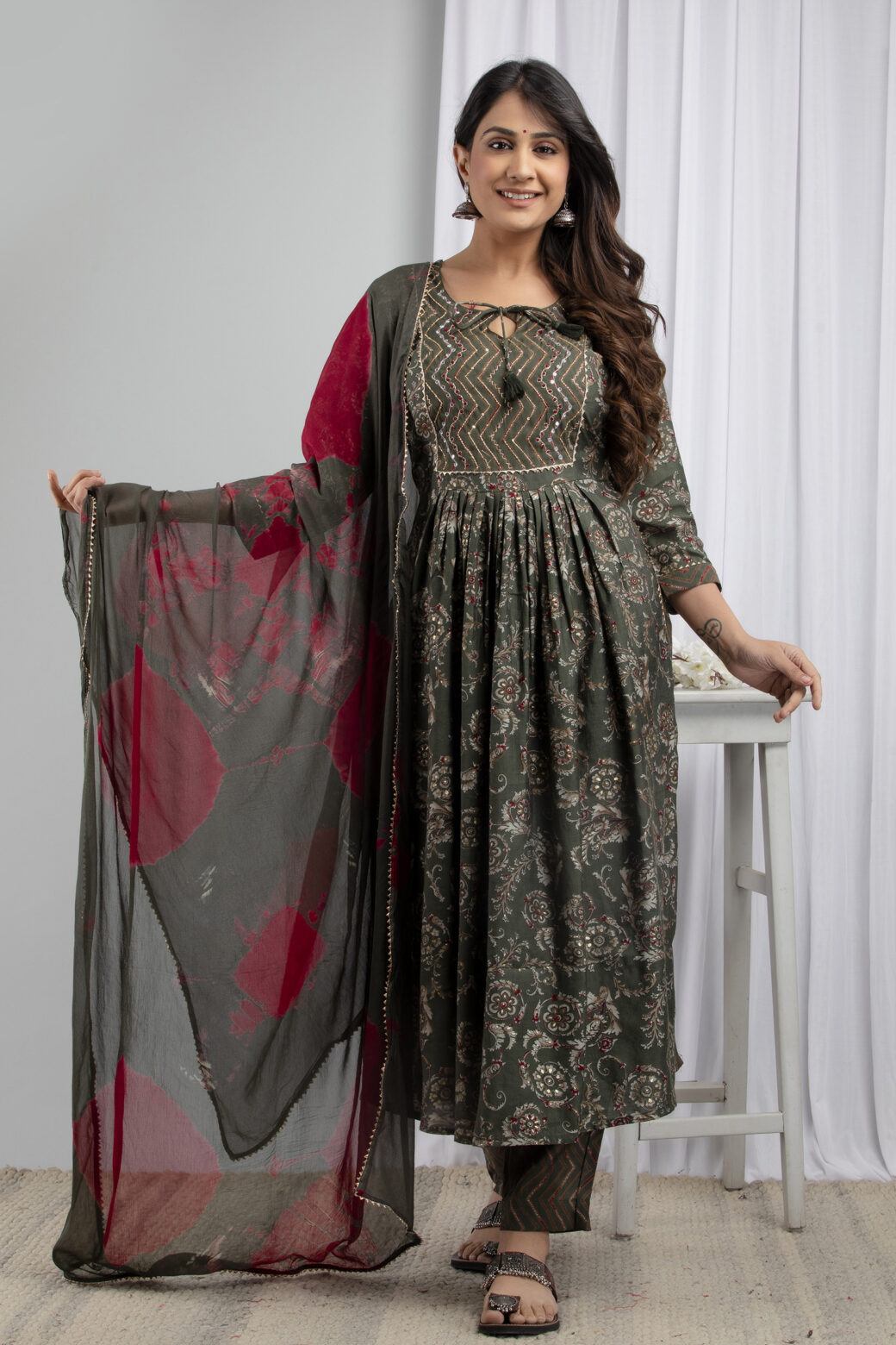 Cotton Stitched Kurta With Palazzo and Dupatta Set - Image 4
