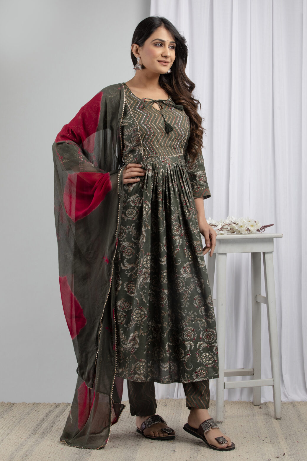 Cotton Stitched Kurta With Palazzo and Dupatta Set
