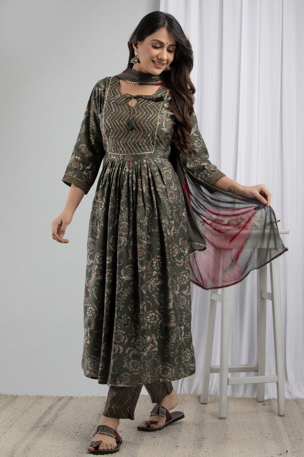 Cotton Stitched Kurta With Palazzo and Dupatta Set - Image 3