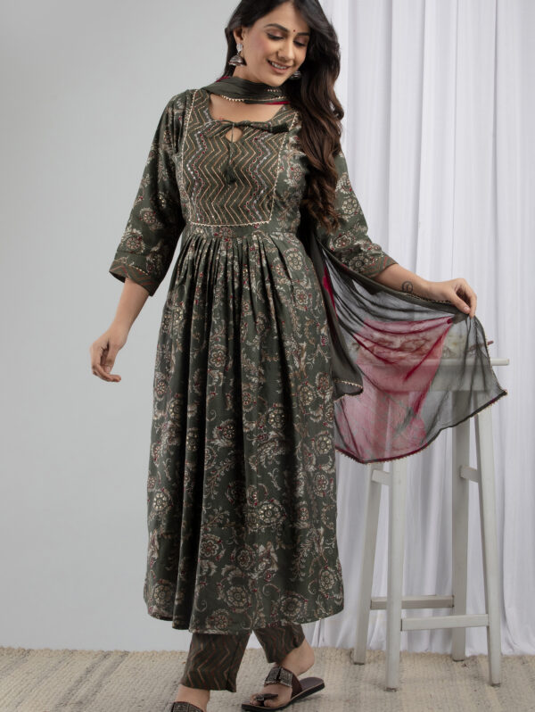 Cotton Stitched Kurta With Palazzo and Dupatta Set - Image 3