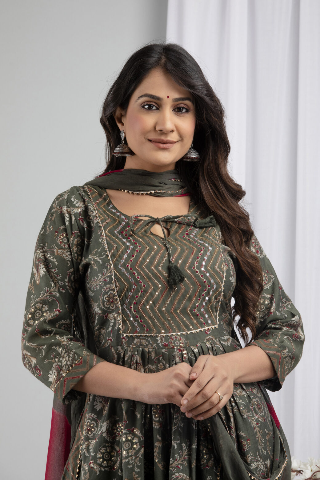 Cotton Stitched Kurta With Palazzo and Dupatta Set - Image 2