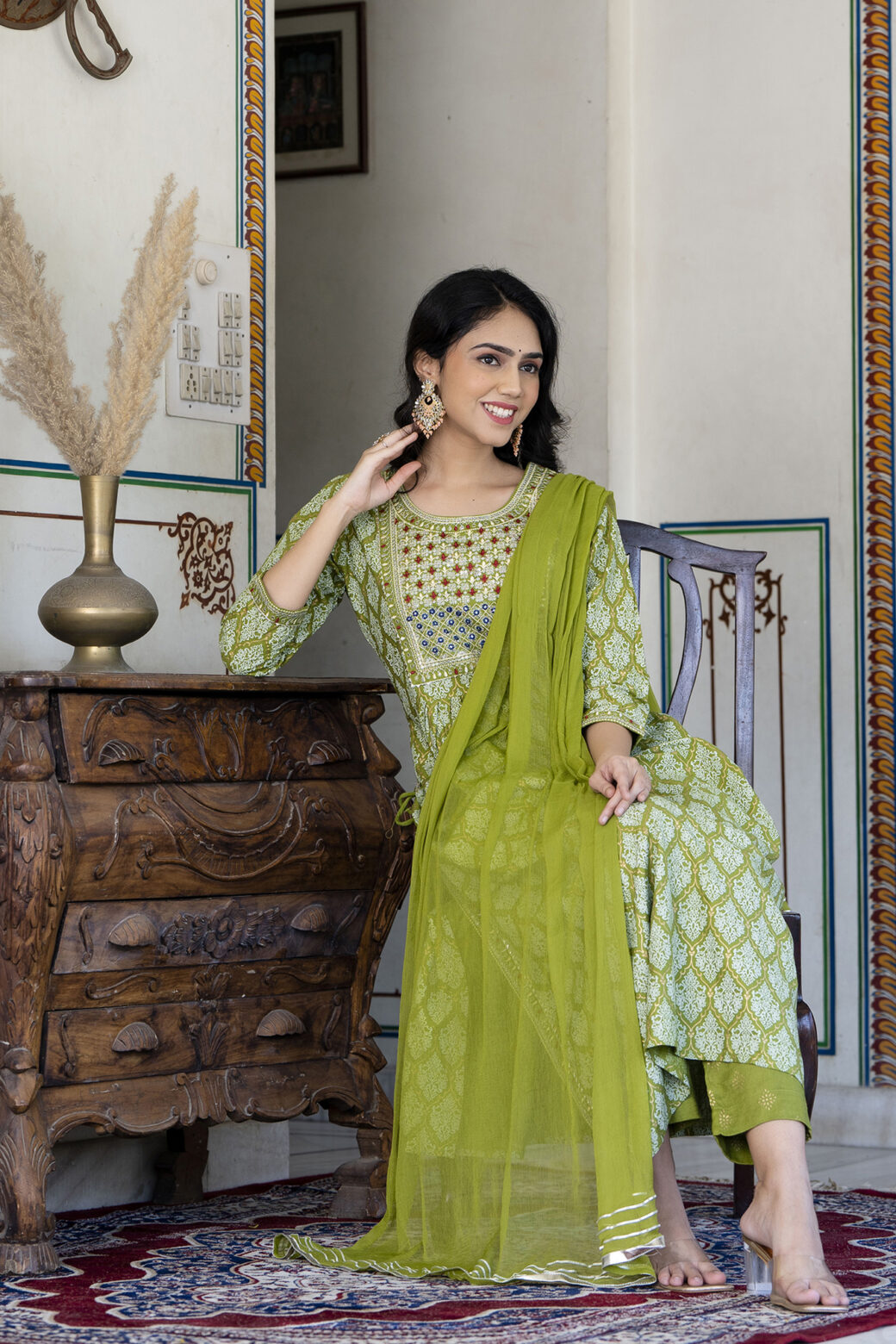 Cotton Stitched Kurta With Palazzo and Dupatta Set - Image 3