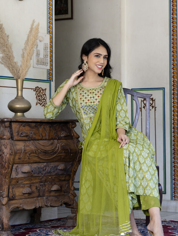 Cotton Stitched Kurta With Palazzo and Dupatta Set - Image 3