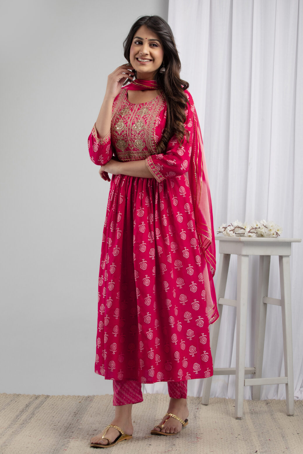 Cotton Stitched Kurta With Palazzo and Dupatta Set - Image 3
