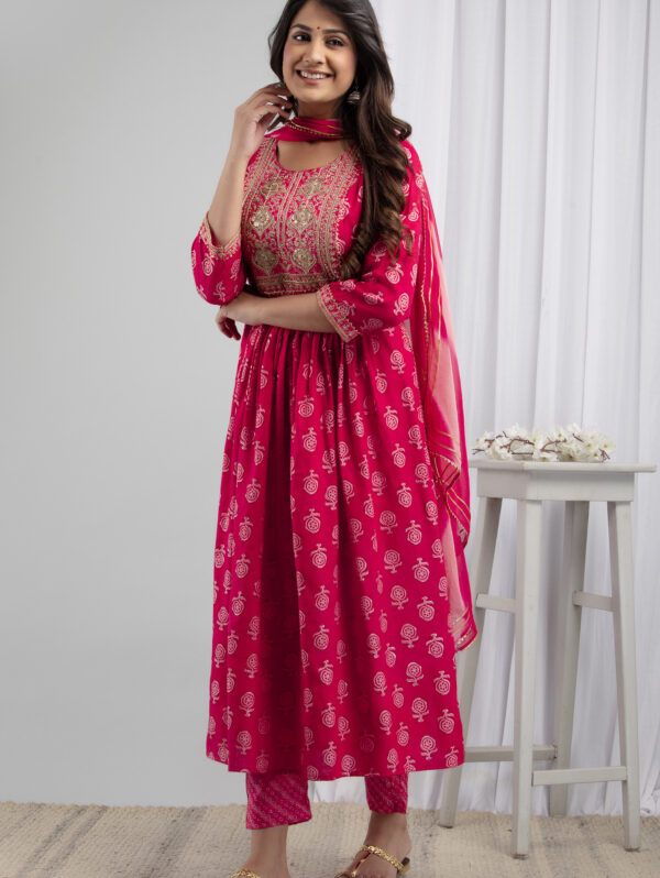 Cotton Stitched Kurta With Palazzo and Dupatta Set - Image 3