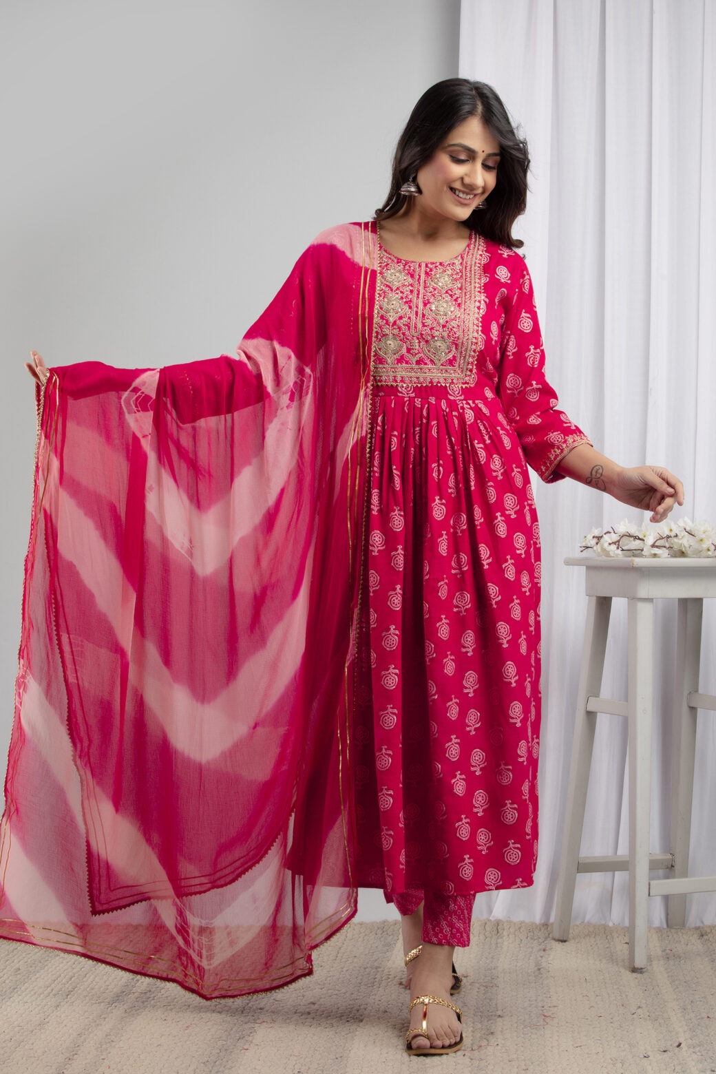 Cotton Stitched Kurta With Palazzo and Dupatta Set