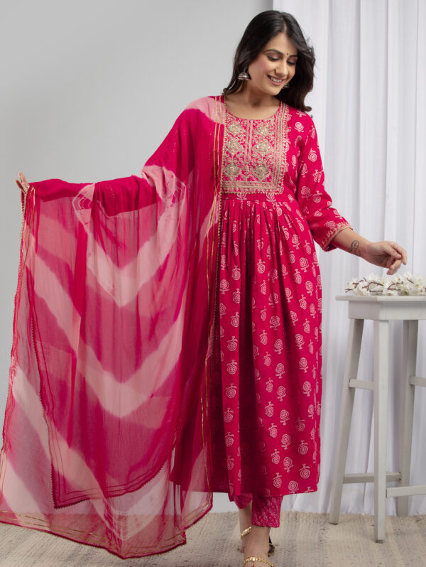 Cotton Stitched Kurta With Palazzo and Dupatta Set