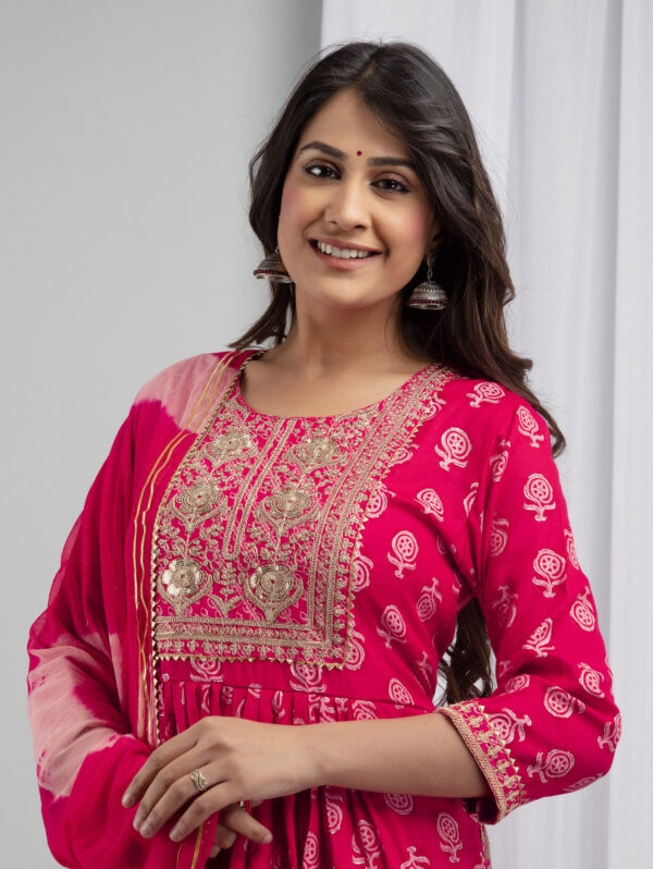 Cotton Stitched Kurta With Palazzo and Dupatta Set - Image 5