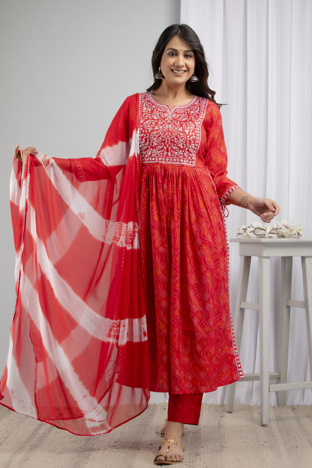 Cotton Stitched Kurta With Palazzo and Dupatta Set