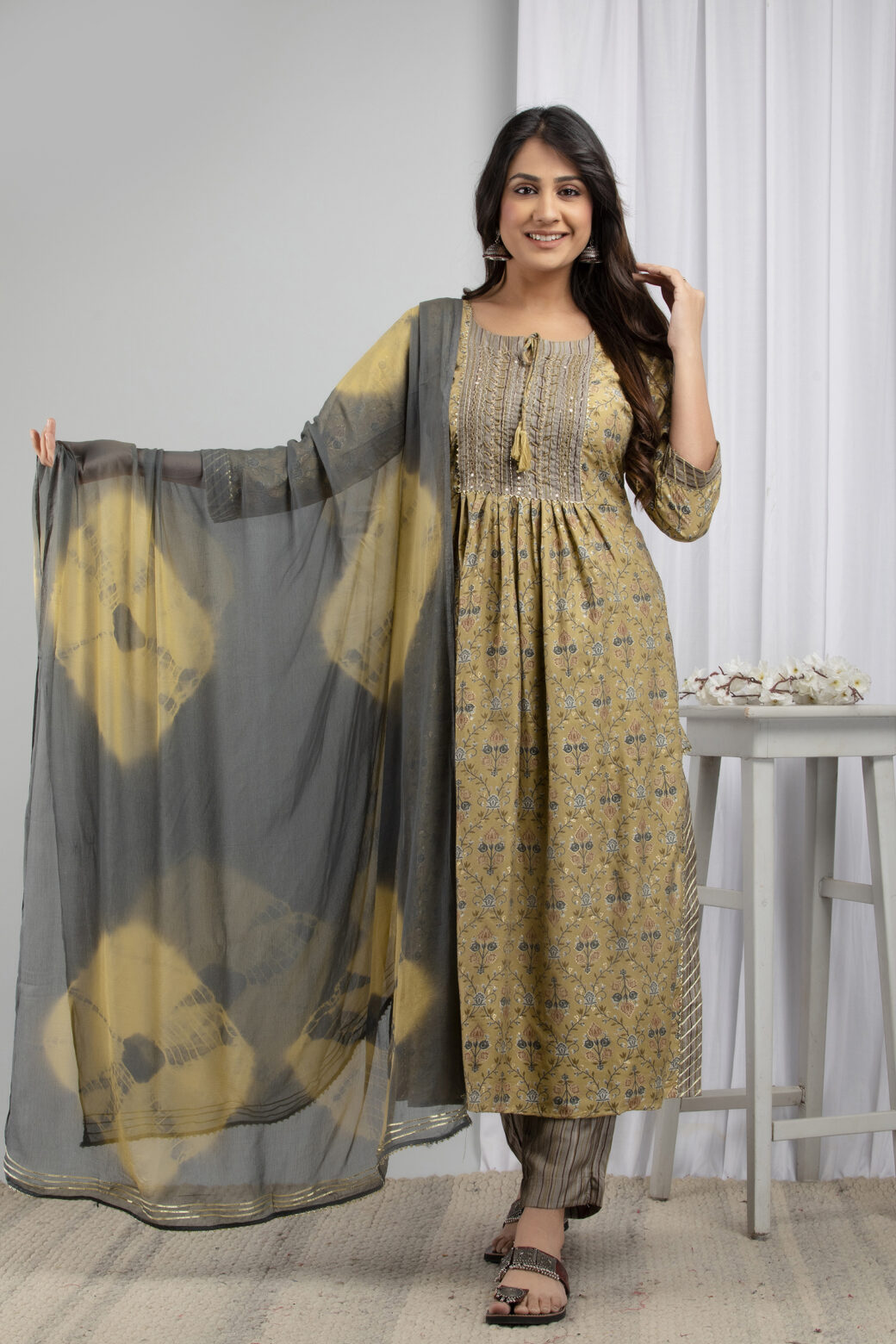 Cotton Stitched Kurta With Palazzo and Dupatta Set