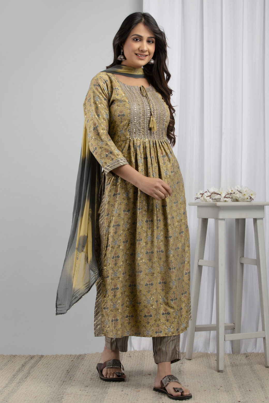 Cotton Stitched Kurta With Palazzo and Dupatta Set - Image 2