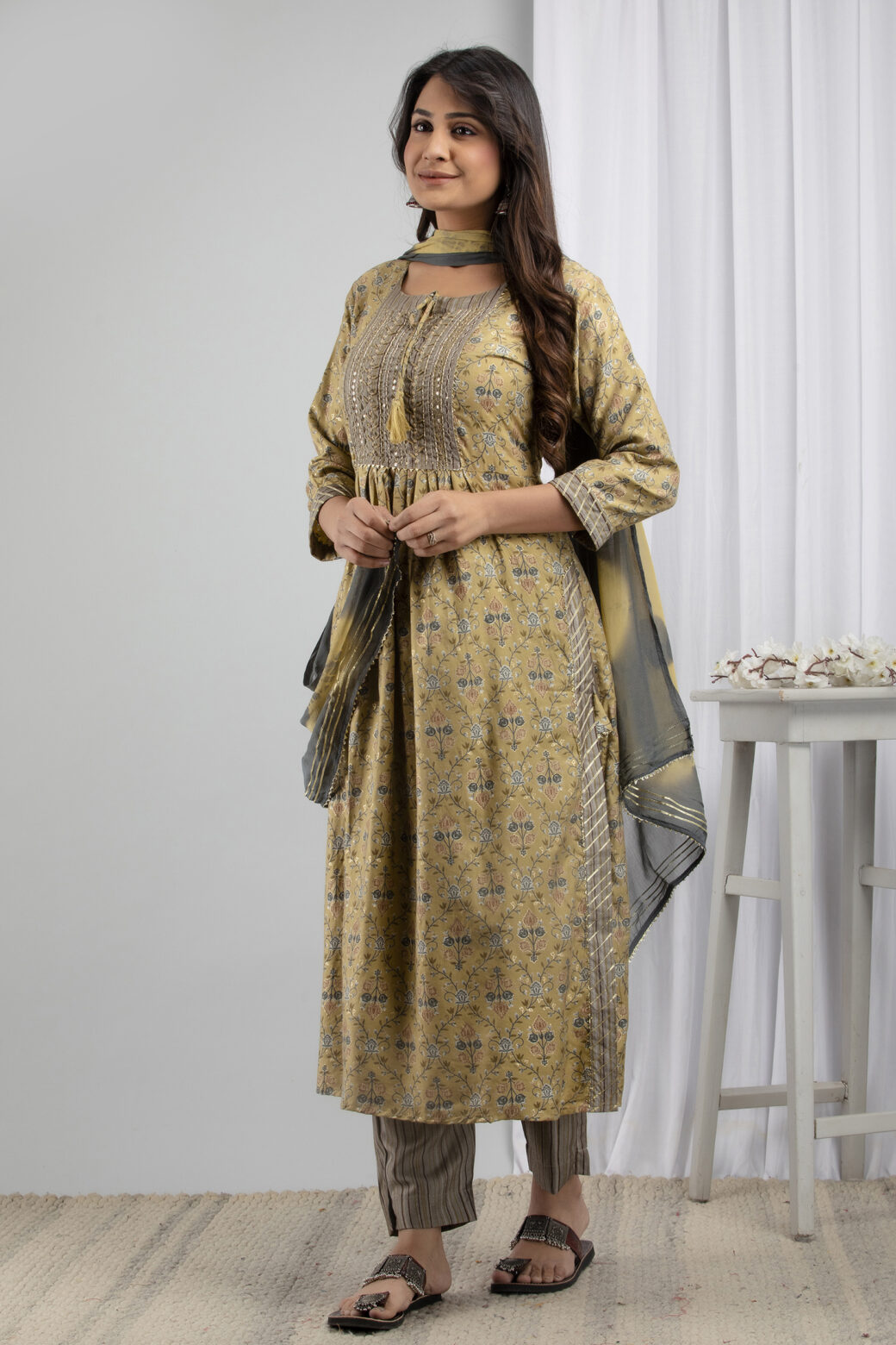Cotton Stitched Kurta With Palazzo and Dupatta Set - Image 3